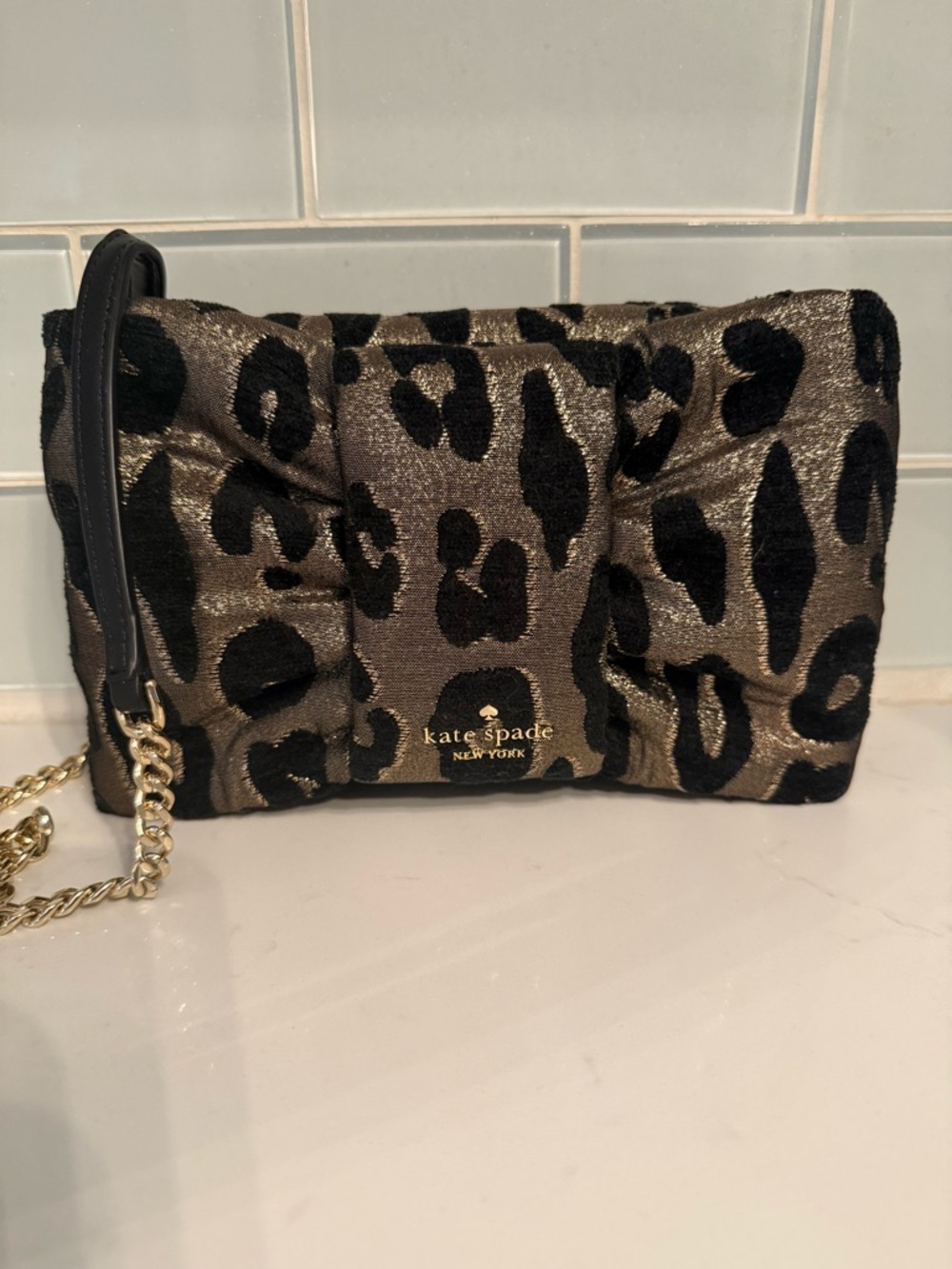 kate spade NWOT Metallic Gold and Black Leopard Bow Crossbody